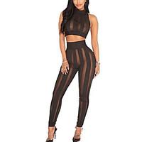 Women\'s Going out Casual/Daily Club Simple Street chic Active Bare Midriff See-through Tank Top Pant SuitsSolid Crew Neck Mesh Micro-elastic