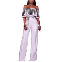 Women\'s High Rise Casual/Daily Club Holiday Off-The-Shoulder Slim Knit JumpsuitsSexy Street chic Wide Leg Backless Striped Spring Summer