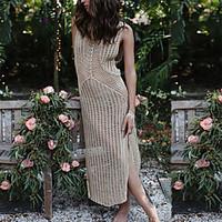 Women\'s Beach Swimwear Long Cover up Dress Solid Sleeveless Round Neck Hollow Polyester Beige