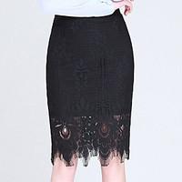 Women\'s Plus Size Bodycon Solid Lace Cut Out Skirts, Going out Casual/Daily Sexy Cute High Rise Knee-length Zipper Polyester Micro-elastic