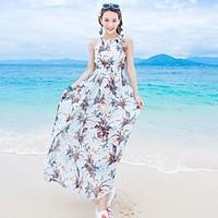 womens beach swing dress floral halter maxi sleeveless silk summer mid ...