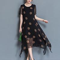 womens going out sophisticated loose dress print round neck midi short ...