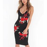 Women\'s Party Holiday Street chic Sheath Dress, Floral Strap Knee-length Sleeveless Polyester Summer Mid Rise Micro-elastic Medium