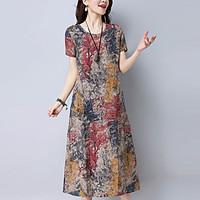 Women\'s Going out Work Vintage Sophisticated Sheath Dress, Print Round Neck Midi Short Sleeve Rayon Polyester All Seasons Mid Rise