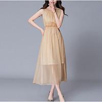 Women\'s Going out Simple A Line Dress, Solid Round Neck Midi Sleeveless Silk Polyester Summer Mid Rise Micro-elastic Medium