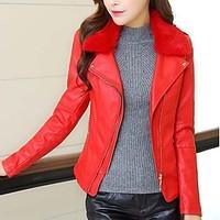 Women\'s Casual/Daily Street chic Spring / Fall Leather Jackets, Solid Stand Long Sleeve Red / Black PU Medium