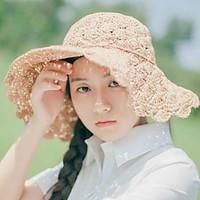 Women Summer Solid Color Handmade Straw Hat Curling Shade Beach Pastoral Sunscreen Hat