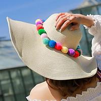 woman summer multicolored hair ball straw hat beach holiday sunscreen  ...