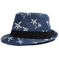 Women Men England Vintage Casual Sunscreen Coconut Tree Printing Jazz Flat Top Straw Beach Hat