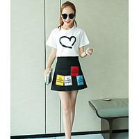 Women\'s Dailywear Magnetic Cat Eye Summer T-shirt Skirt Suits, Solid Round Neck Short Sleeve