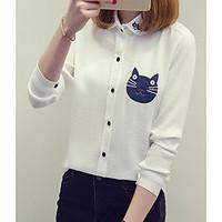 Women\'s Casual/Daily Simple Summer Shirt, Cat Shirt Collar Long Sleeve Cotton Medium