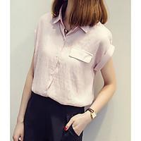 Women\'s Casual/Daily Simple Summer Shirt, Solid Shirt Collar Short Sleeve Cotton Medium