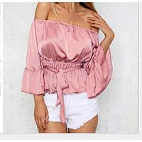 womens going out sexy shirt solid boat neck sleeve cotton polyester th ...