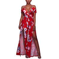 Women\'s Deep V Strape High Rise Club Sexy Wide Leg Thigh Split Ruffle Floral Summer Jumpsuits