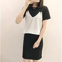 Women\'s Going out Sheath Dress, Solid Round Neck Above Knee Short Sleeve Others Summer High Rise Micro-elastic Medium