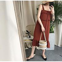 Women\'s Going out Casual/Daily A Line Dress, Solid Strap Midi Slings Polyester Summer Mid Rise Micro-elastic Medium