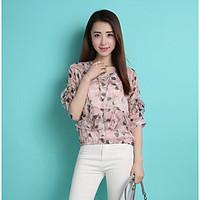 womens other casual simple blouse floral round neck length sleeve silk