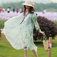 Women\'s Going out Casual/Daily Beach Street chic Chinoiserie Spring Summer Trench Coat, Floral Shawl Lapel ¾ Sleeve Long Polyester