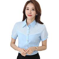 Women\'s Wild Solid Shirt Collar OL Work Patchwork Summer Short Sleeve Chiffon Shirt