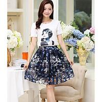 Women\'s Casual/Daily Simple T-shirt Skirt Suits, Print Round Neck Short Sleeve Micro-elastic