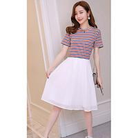 Women\'s Going out Cute A Line Dress, Striped Round Neck Knee-length Short Sleeve Others Summer High Rise Micro-elastic Medium