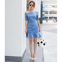 Women\'s Party Cute Sheath Dress, Solid Boat Neck Above Knee Short Sleeve Others Summer Mid Rise Micro-elastic Medium
