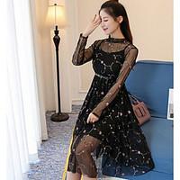 womens casual a line dress print round neck midi long sleeve polyester ...