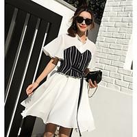 Women\'s Going out Vintage Cute A Line Dress, Solid Striped Shirt Collar Above Knee Short Sleeve Polyester Summer Mid Rise Inelastic Medium