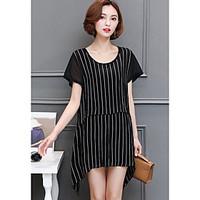 Women\'s Casual/Daily Simple A Line Dress, Striped Round Neck Asymmetrical Short Sleeve Others Summer Mid Rise Micro-elastic Medium