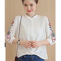 Women\'s Casual/Daily Simple Spring Summer Shirt, Solid Embroidered Stand ¾ Sleeve Cotton Thin