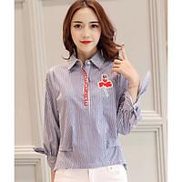 Women\'s Casual/Daily Simple Spring Summer Shirt, Striped Embroidered Letter Shirt Collar Long Sleeve Cotton Thin