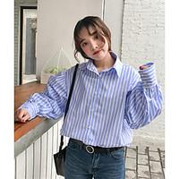 Women\'s Casual/Daily Simple Spring Summer Shirt, Striped Shirt Collar Long Sleeve Others Thin