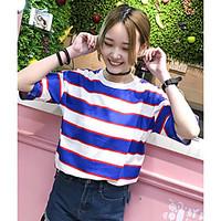 Women\'s Casual/Daily Simple Spring Summer T-shirt, Striped Round Neck Short Sleeve Cotton Thin