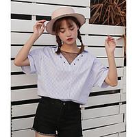 Women\'s Casual/Daily Simple Spring Summer Shirt, Solid Striped Patchwork Asymmetrical Short Sleeve Chinlon Thin