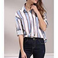 Women\'s Casual/Daily Simple Summer Shirt, Striped Shirt Collar Long Sleeve Cotton Medium