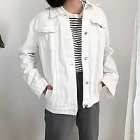 Women\'s Casual/Daily Cute Spring Denim Jacket, Solid Shirt Collar Long Sleeve Regular Cotton