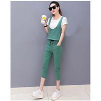 Women\'s Casual/Daily Cute Street chic Summer T-shirt Pant Suits, Solid Strap Short Sleeve Inelastic