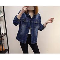 womens casualdaily work simple fall denim jacket solid shirt collar lo ...