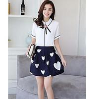 Women\'s Casual/Daily Simple Cute Summer Shirt Skirt Suits, Print Shirt Collar Short Sleeve