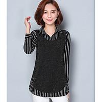 Women\'s Casual/Daily Simple Shirt, Solid Striped Shirt Collar Long Sleeve Cotton