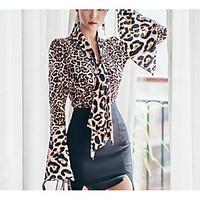 Women\'s Casual/Daily Sexy Fall Blouse Skirt Suits, Leopard V Neck Long Sleeve Micro-elastic