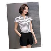 Women\'s Casual/Daily Simple Blouse, Striped Round Neck Short Sleeve Linen