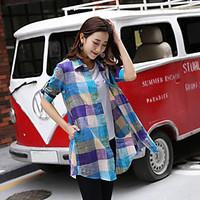 Women\'s Going out Party Sexy Cute Shirt, Solid Striped Check Classic Collar ½ Length Sleeve Cotton Linen