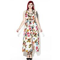 Women\'s Plus Size Boho Loose Dress, Print Halter Maxi Sleeveless Cotton Polyester Summer Fall High Rise Micro-elastic Medium
