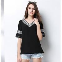 Women\'s Going out Casual/Daily Sexy Cute Street chic Summer T-shirt, Solid V Neck Short Sleeve Polyester Thin