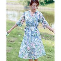 Women\'s Going out Swing Dress, Floral V Neck Midi ½ Length Sleeve Others Summer Mid Rise Micro-elastic Thin