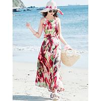 Women\'s Beach Vintage Swing Dress, Color Block Round Neck Maxi Sleeveless Others Summer Mid Rise Micro-elastic Thin