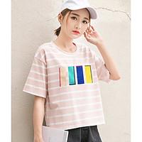 Women\'s Casual/Daily Simple Cute Spring Summer T-shirt, Striped Print Round Neck Short Sleeve Cotton Thin