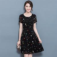 Women\'s Going out Vintage Swing Dress, Floral Round Neck Above Knee Short Sleeve Cotton Summer Mid Rise Inelastic Thin