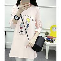 Women\'s Casual Simple Cute Spring T-shirt, Solid 3D Cartoon Letter Number Round Neck Long Sleeve Cotton Medium